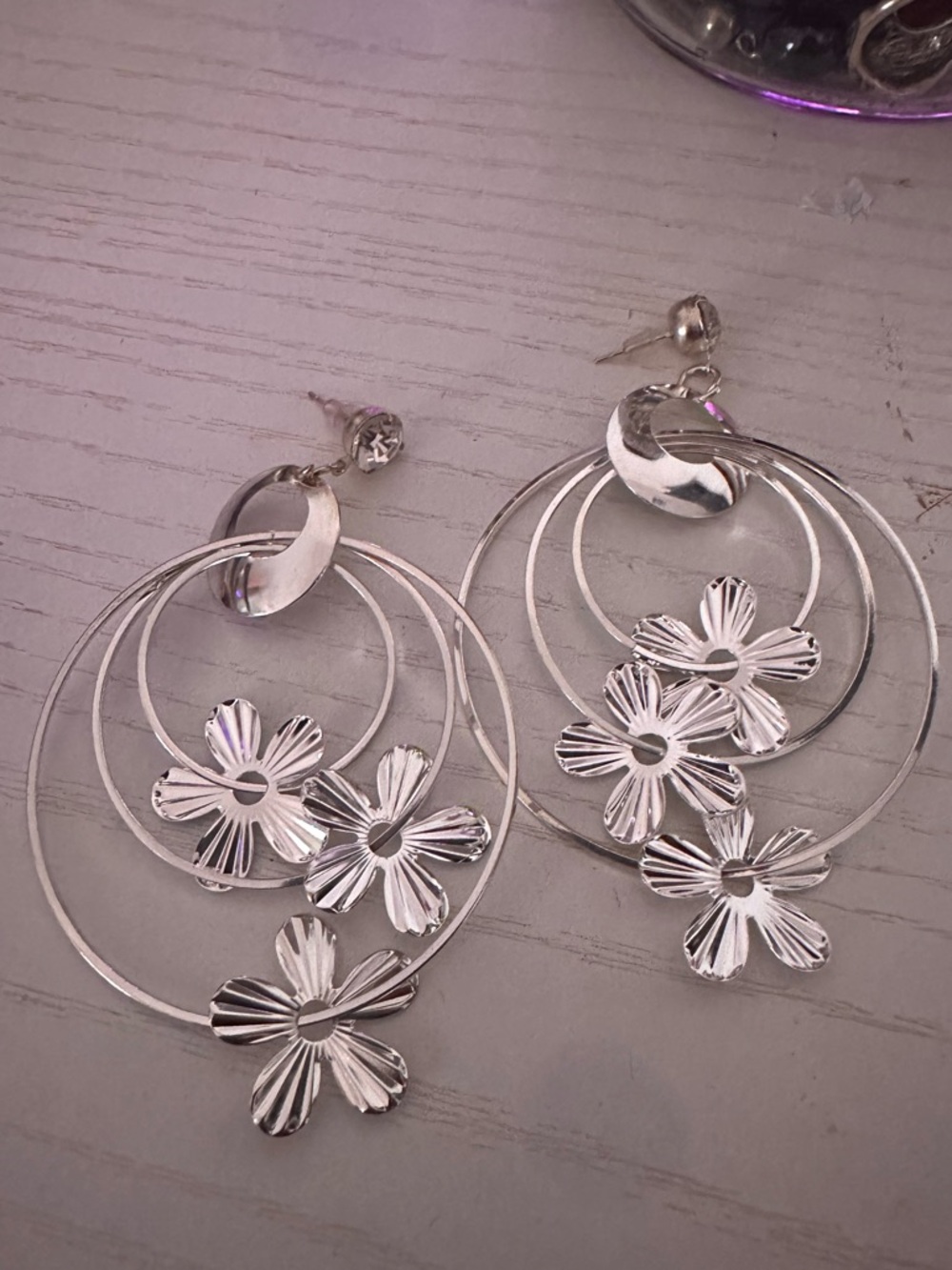 Silver Floral Hoop Drop Earrings - Women Jewelry